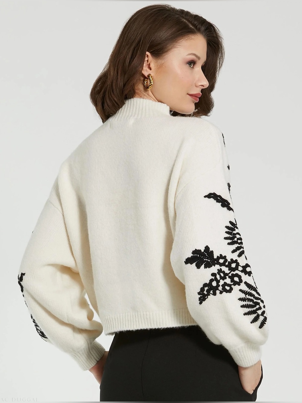 Mac Duggal Ballon Sleeve Cropped Mock Neck Knit Sweater - Picture 3 of 11